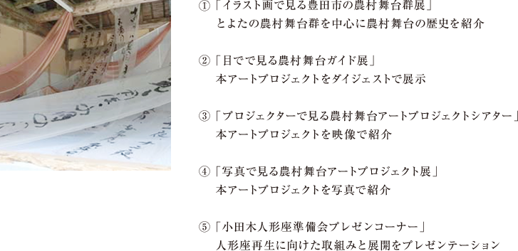 1. 「イラスト画で見る豊田市の農村舞台群展」とよたの農村舞台群を中心に農村舞台の歴史を紹介 2.「目でで見る農村舞台ガイド展」本アートプロジェクトをダイジェストで展示 3.「プロジェクターで見る農村舞台アートプロジェクトシアター」本アートプロジェクトを映像で紹介 4.「写真で見る農村舞台アートプロジェクト展」本アートプロジェクトを写真で紹介 5.「小田木人形座準備会プレゼンコーナー」人形座再生に向けた取組みと展開をプレゼンテーション